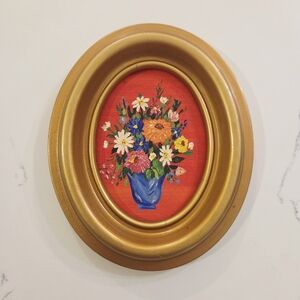 VTG 1970s Miniature Floral Still Life Vibrant Red & Gold Oval Framed MCM